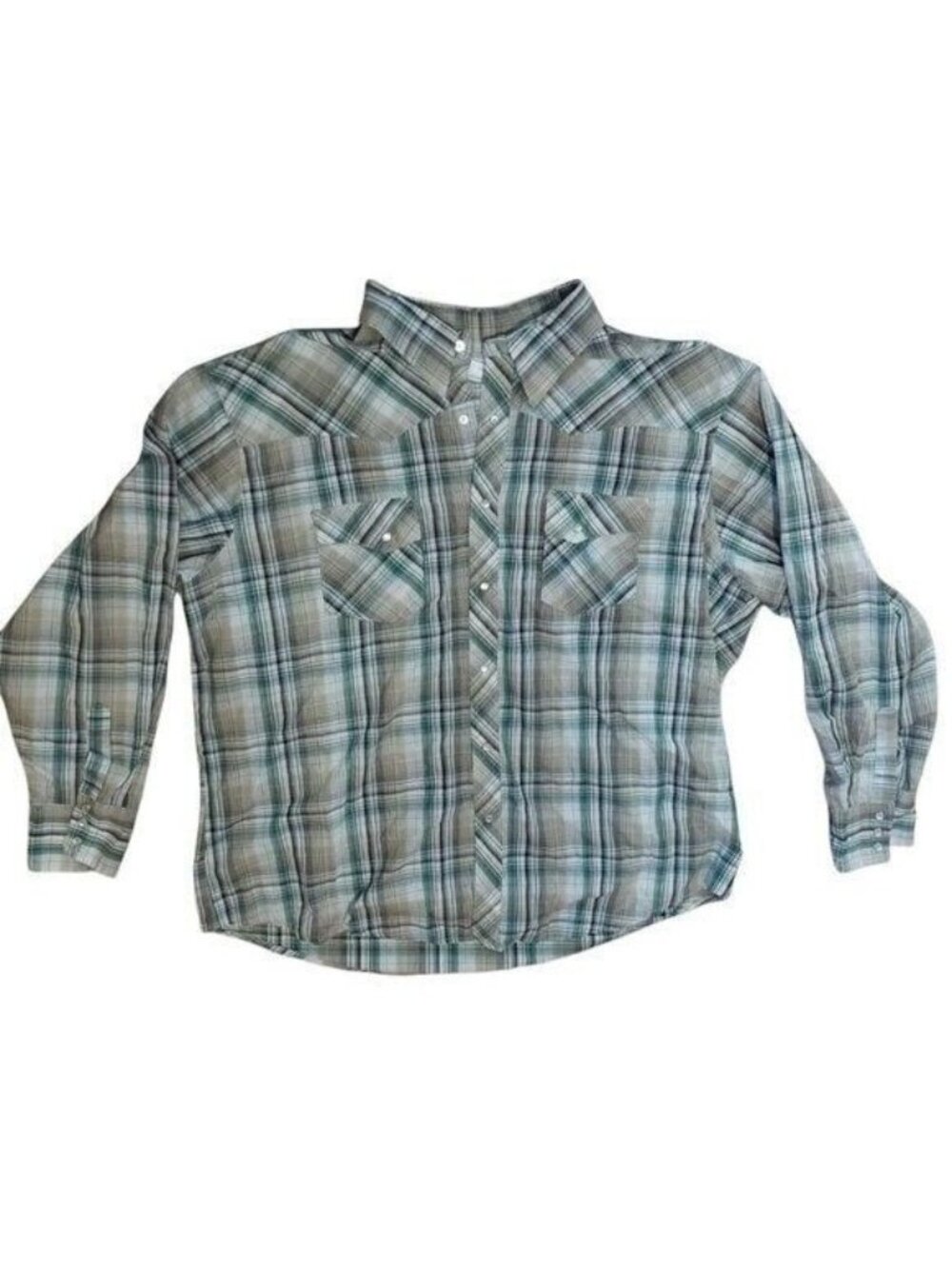 Wrangler Mens Shirt Brown Green  Plaid Pearl Snaps Long Sleeve Size XXL Western